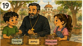 Τα παιδιά δείχνουν στον πατέρα Ιωάννη τα τρία κουτιά τους